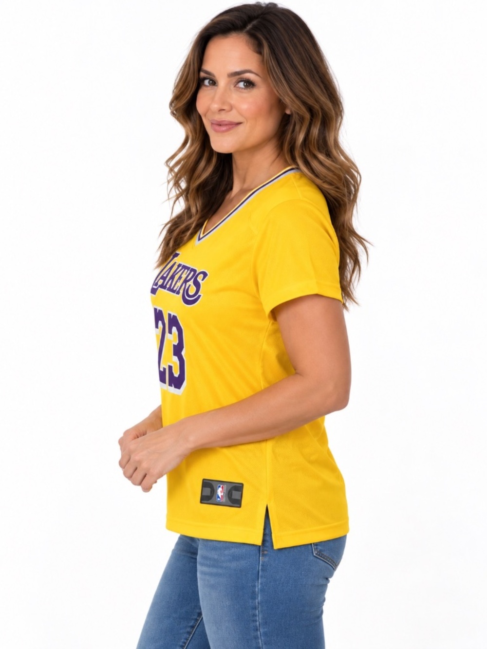 Lakers LeBron James #23 Fanatics Women's Gold V-Neck Tee Large - Picture 3 of 11